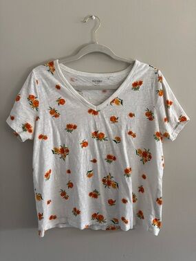 Old Navy White V-Neck Tee with Orange Floral Sprigs